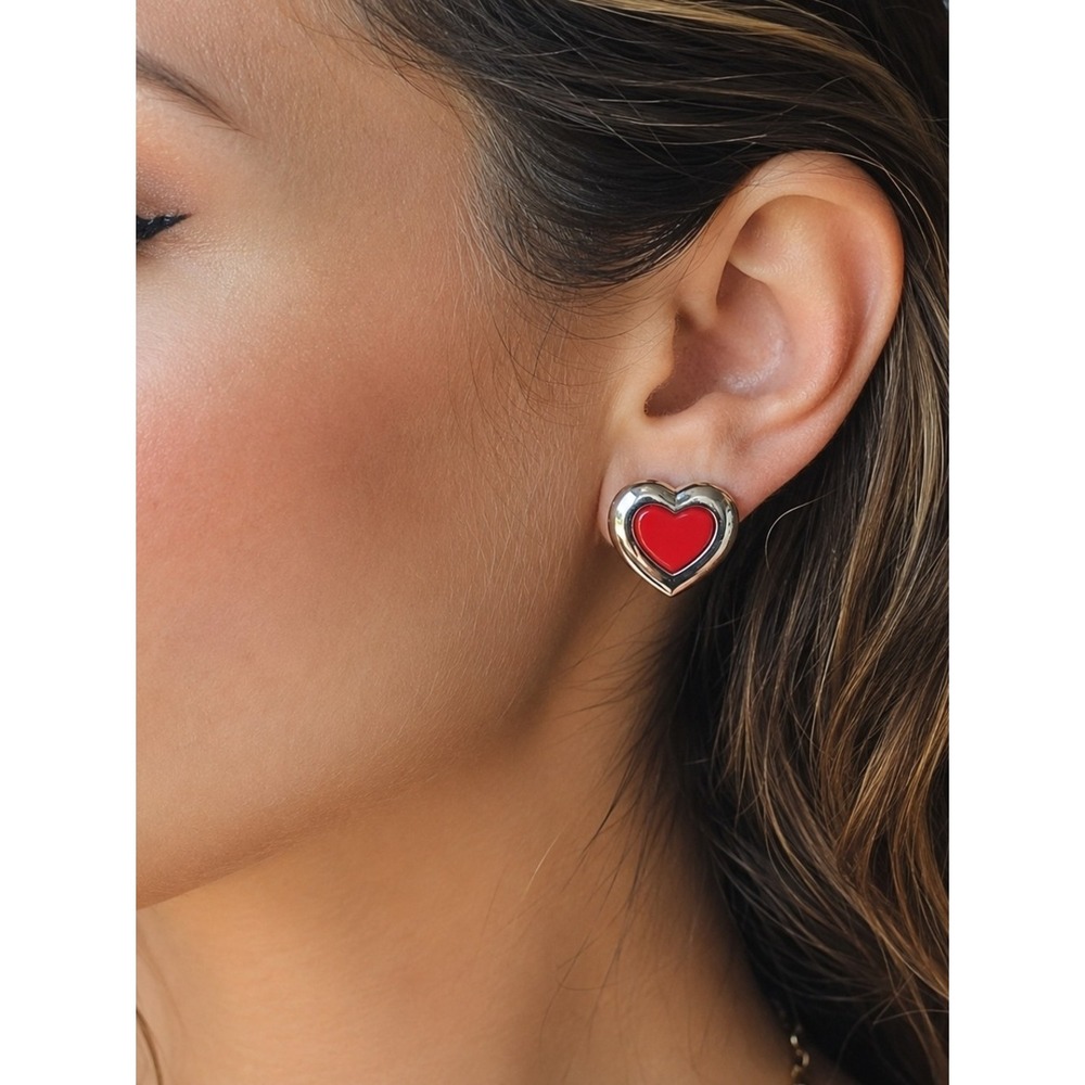 Vintage Red Enamel Heart Clip On Earrings Silver Tone Romantic Jewelry